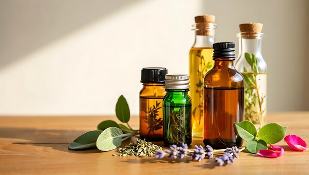 Several glass bottles containing essential oils and herbal infusions are