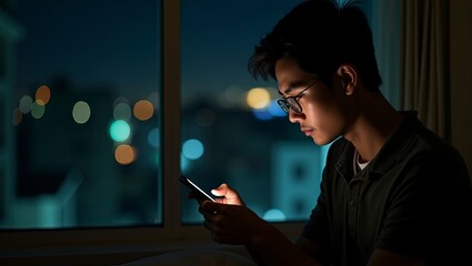 Young man using smartphone at night by window