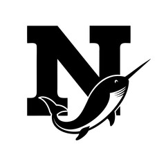 Letter N logo with a narwhal silhouette integrated into the design alphabet whale © Uttam