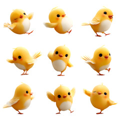 Fototapeta premium Charming 3D icon-style canary birds in adorable poses with vibrant yellow feathers and soft textures on pastel backgrounds, perfect for kids and cute animal designs.