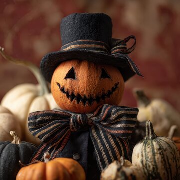 Spooky Halloween pumpkin wearing a black top hat and a striped scarf
