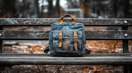 Dirty blue backpack sits on a bench in a park. The bench is empty and the backpack is the only object in the scene. Scene is somewhat lonely and abandoned, as the backpack is left behind