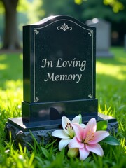 A black headstone engraved with In Loving Memory surrounded by lilies in a serene cemetery.