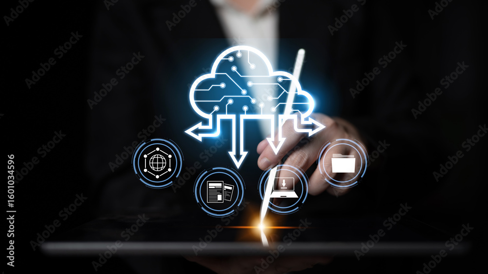 Poster cloud computing enables digital growth with secure data storage, scalable infrastructure, and strate