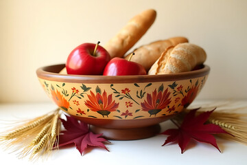 A bowl of fruit and bread with a fall leaf on the table. The bowl is decorated with flowers and the fruit includes apples and oranges