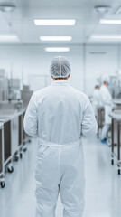 Worker in cleanroom apparel in a sterile environment. Back view of person wearing full body suit and hair net walking in hallway of a laboratory.
