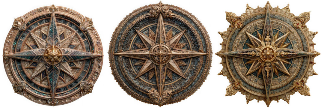 A collection of three ornate vintage compass roses with intricate detailing in bronze gold and wood