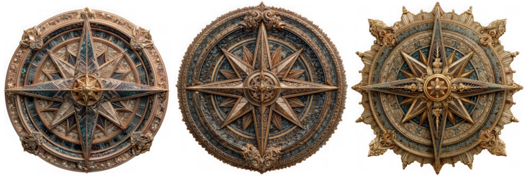 A collection of three ornate vintage compass roses with intricate detailing in bronze gold and wood
