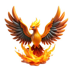 Fototapeta premium Fiery orange phoenix bird with spread wings and blue eyes isolated on a transparent background