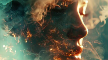 A person's face with smoke emitting from their mouth and nose, suitable for use in illustrations about air pollution or environmental issues