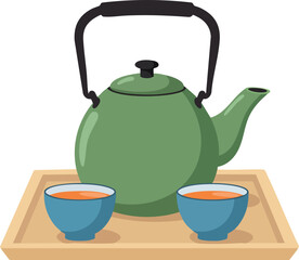 Green teapot with blue cups on wooden tray vector illustration for tea serving