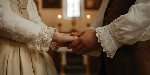 Obraz premium A couple wearing vintage clothing, holding hands in a candle-lit chapel.
