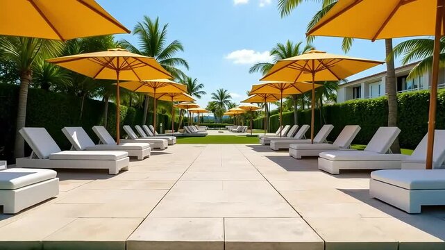 Luxury resort pool with yellow umbrellas and lounge chairs for summer vacation destination getaway