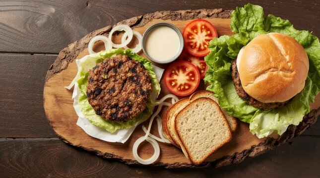 Calm Vegetarian Burger being prepared on a wooden board in rusti
