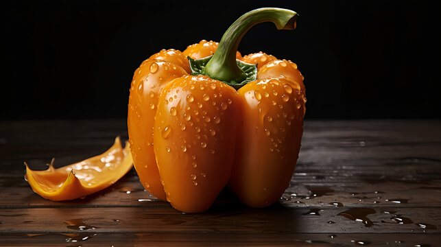 Fresh yellow bell pepper with water droplets closeup on dark wooden surface - Powered by Adobe