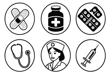 Vector art of a set of black and white medical icons featuring a nurse stethoscope