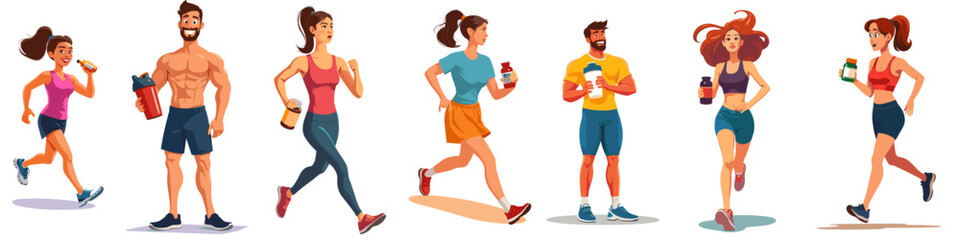Men and women drinking protein shakes after workout, set