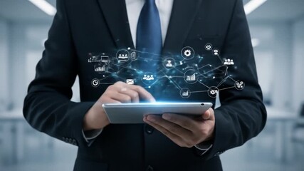 A suited individual uses a tablet, surrounded by a network of connected digital icons representing communication and data - Powered by Adobe