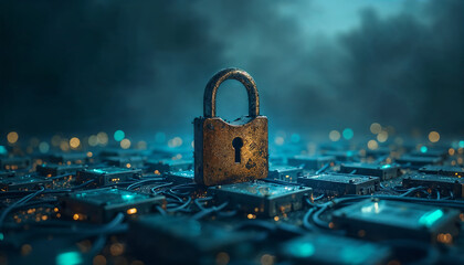 A padlock icon over a network of connected devices and servers, symbolizing cybersecurity and data protection in cloud environments Computer information safe