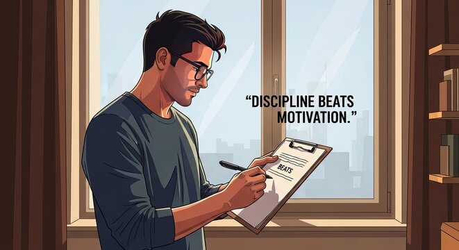 Man Reading Clipboard – Discipline Beats Motivation Quote