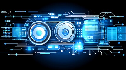 Circuit board with glowing blue technology elements.