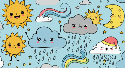 Cute Cartoon Weather Seamless Pattern with Sun Clouds and Rain