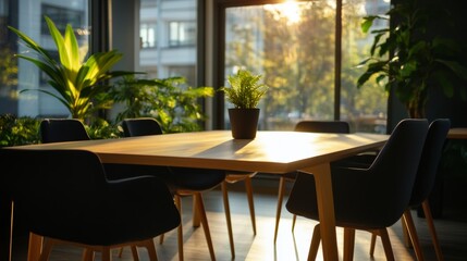 Fototapeta premium Natural light streaming into a modern meeting room with plants and minimal design,