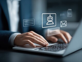 AI chatbot interface managing emails on laptop used by professional in business office, automating inbox communication, enhancing productivity and streamlining workflow with smart assistant technology