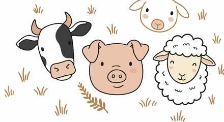 Obraz premium Cute Farm Animal Faces Hand Drawn Vector Illustration Set