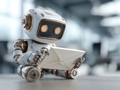 AI chatbot managing business email communication on digital tablet, used by professional for smart inbox automation, virtual assistant service, and improving workplace productivity with technology