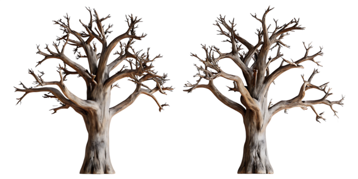 Gnarled bare trees isolated on a transparent background