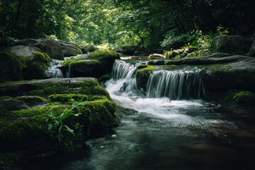 Naklejka premium Forest stream cascading over mossy rocks