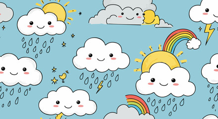 Naklejka premium Cute Cartoon Weather Seamless Pattern with Happy Clouds and Sun