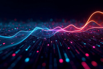 A colorful, abstract image of a wave with red and blue lines. The image has a futuristic, electronic feel to it