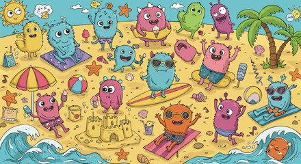 Naklejka premium Cute cartoon monsters enjoying summer vacation on a sunny beach