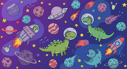 Obraz premium Cute Dinosaurs in Space Cartoon Background Vector Illustration