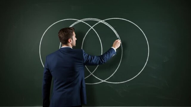 A suited man uses chalk to draw three overlapping circles on a chalkboard, representing a Venn diagram