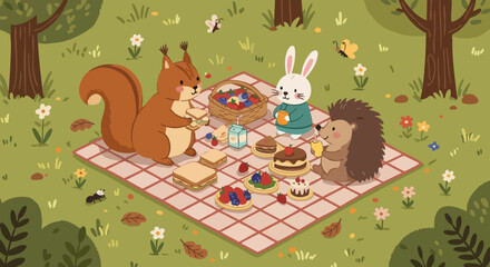 Obraz premium Cute forest animals enjoying picnic with desserts