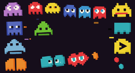 Retro Pixel Art Arcade Game Characters Background