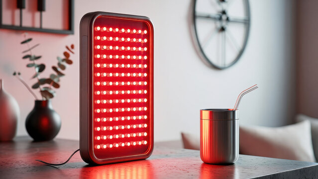 Infrared LED panel, red light therapy device, tabletop setup, modern interior, wellness technology, home recovery, ambient glow, minimalist scene, health gadget, soft illumination - Powered by Adobe