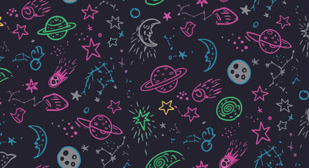 Hand drawn cosmic doodle pattern with planets stars and moon