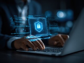 AI Data Security and Cyber Protection Concept. Businessman Using Laptop and Virtual Interface to Protect Data, Monitor Networks, Encrypt Information, and Ensure Privacy in Cybersecurity Environment