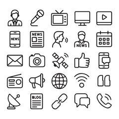 Fototapeta premium Media and Communication Line Icon Set – News, Broadcast, TV, Social, Internet Symbols