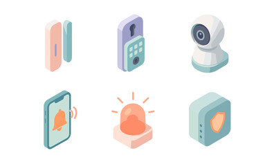 Smart home security elements in modern isometric design with pastel colors