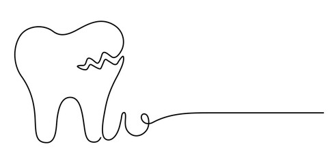 Obraz premium Single one line drawing a middle cracked tooth. Painful. Discomfort. Importance of dental care. Prevention to avoid dental problems. National Toothache. Continuous line design graphic illustration. 