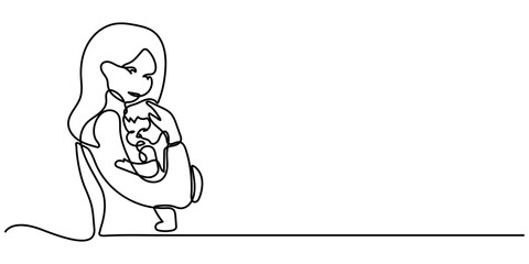 Continuous one line drawing of a mother holding a baby with full warmth, representing love and motherhood, line art style vector illustration. 
