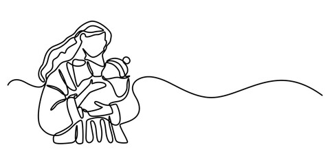 Continuous one line drawing of a mother holding a baby with full warmth, representing love and motherhood, line art style vector illustration. 