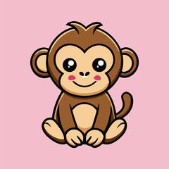 Obraz premium Adorable cartoon monkey character is sitting quietly with a pink cheek on pink background