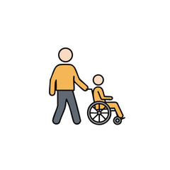 Parent Walking with Child in Wheelchair Flat Icon Isolated