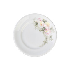 Old white decorated ceramic plate with  flowers isolated over white background
